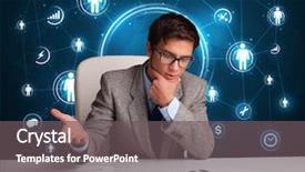  Presentation with education and social justice - Colorful slide set enhanced with relationship chart - young businessman sitting at desc backdrop and a  colored foreground