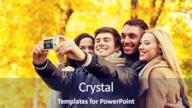  Presentation with digital self - Presentation design consisting of relationship season friendship technology and people concept - group of smiling men and women making self portrait with digital camera in autumn park background and a navy blue colored foreground