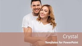  Presentation with relationships - Colorful presentation design enhanced with relationships and people concept - portrait of happy couple in white t-shirts over grey background backdrop and a coral colored foreground