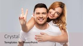  Presentation with relationships - Beautiful PPT theme featuring relationships and people concept - portrait of happy couple in white t-shirts having fun and making peace gesture over grey background backdrop and a coral colored foreground