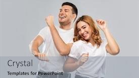  Presentation with relationships - Presentation design enhanced with relationships and people concept - portrait of happy couple in white t-shirts dancing over grey background background and a light gray colored foreground