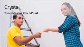  Presentation with broken home upset couple - Beautiful theme featuring relationships construction - young couple painting wall backdrop and a  colored foreground