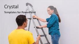  Presentation with broken home upset couple - Presentation theme enhanced with relationships construction - young couple painting wall background and a  colored foreground