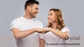  Presentation with relationships - Audience pleasing slide set consisting of relationships friendship and people concept - portrait of happy couple in white t-shirts making fist bump gesture over grey background backdrop and a coral colored foreground