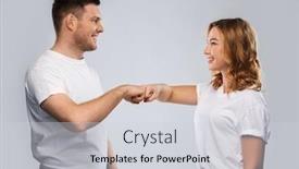  Presentation with relationships - Slide set with relationships friendship and people concept - portrait of happy couple in white t-shirts making fist bump gesture over grey background background and a light gray colored foreground