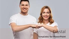  Presentation with relationships - PPT theme having relationships friendship and people concept - portrait of happy couple in white t-shirts making fist bump gesture over grey background background and a coral colored foreground