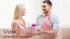  Presentation with relationships - Presentation design enhanced with relationships love people birthday and holidays concept - happy man giving woman gift box at home background and a coral colored foreground