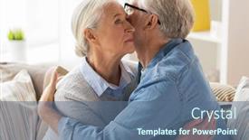  Presentation with old age - PPT theme with relationships old age and people concept - sad senior couple hugging at home background and a ocean colored foreground