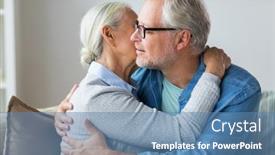  Presentation with relationships - Slide set consisting of relationships old age and people concept - happy senior couple hugging at home background and a teal colored foreground