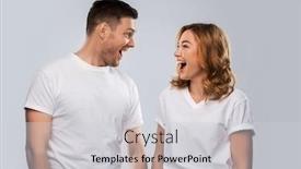  Presentation with relationships - Amazing presentation design having relationships style and people concept - portrait of happy couple in white t-shirts looking at each and laughing other over grey background backdrop and a light gray colored foreground