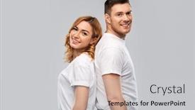  Presentation with relationships - Cool new slide deck with relationships style and people concept - portrait of happy couple in white t-shirts over grey background backdrop and a light gray colored foreground