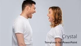  Presentation with relationships - Colorful presentation design enhanced with relationships style and people concept - portrait of happy couple in white t-shirts looking at each and laughing other over grey background backdrop and a light gray colored foreground