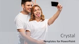  Presentation with relationships - PPT theme enhanced with relationships technology and people concept - portrait of happy couple in white t-shirts taking selfie smartphone by over grey background background and a light gray colored foreground