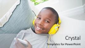  Presentation with teal music watermark - Cool new PPT layouts with relax child - little boy listening to music backdrop and a  colored foreground