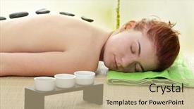  Presentation with young sing woman singing young - Presentation theme having relax massage harmony - young woman in spa background and a  colored foreground