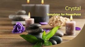  Presentation with wax - Audience pleasing slide set consisting of relax set contains alight wax candles with flowers and pebbles on wooden background focus on green leaf backdrop and a tawny brown colored foreground