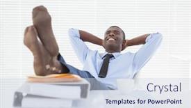  Presentation with office chair - Audience pleasing PPT theme consisting of relaxed businessman sitting in his chair with feet up in his office backdrop and a sky blue colored foreground