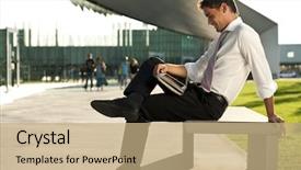  Presentation with tablet - Presentation design consisting of relaxed businessman using his pc tablet while sitting on a bench background and a coral colored foreground