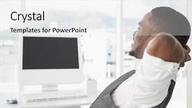  Presentation with head - Amazing PPT theme having relaxed businessman with hands behind backdrop and a white colored foreground