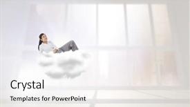  Presentation with windows - Colorful slide deck enhanced with relaxed businesswoman lying against bright white room with windows backdrop and a white colored foreground