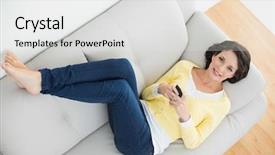  Presentation with bright yellow - Beautiful presentation design featuring portrait pretty young - relaxed casual brunette in yellow backdrop and a white colored foreground