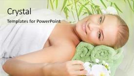  Presentation with wellness - Colorful presentation theme enhanced with relaxed female lying down in spa salon on massage table enjoying nice beauty procedure healthy lifestyle wellness concept backdrop and a soft green colored foreground