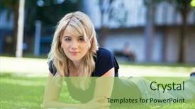  Presentation with college campus - Slide set featuring relaxed female student lying on grass at college campus background and a mint green colored foreground