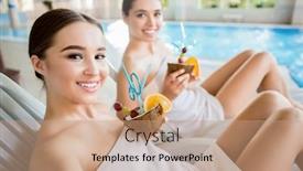  Presentation with resort - Beautiful presentation theme featuring relaxed girls wrapped in towels holding tropical cocktails at spa resort backdrop and a coral colored foreground