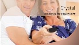  Presentation with lovers - Amazing theme having relaxed lovers watching television lying on sofa at home backdrop and a lemonade colored foreground