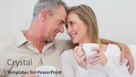  Presentation with living room - PPT theme with relaxed loving couple with coffee cups in living room at home background and a soft green colored foreground