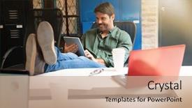  Presentation with tablet - Colorful slide deck enhanced with relaxed man working on tablet backdrop and a coral colored foreground