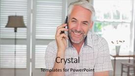  Presentation with mobile home - PPT theme featuring relaxed mature man using mobile phone at home background and a coral colored foreground