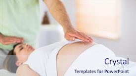  Presentation with reiki - Audience pleasing PPT layouts consisting of relaxed pregnant woman getting reiki backdrop and a sky blue colored foreground