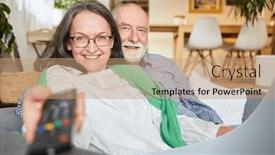 Presentation with remote - PPT theme with relaxed-retired-senior-couple background and a coral colored foreground