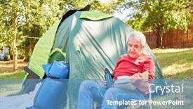  Presentation with camping - Cool new PPT layouts with relaxed-senior-man-in-camping backdrop and a teal colored foreground