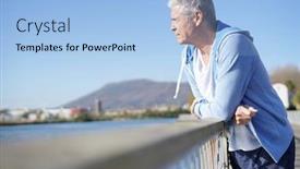  Presentation with sportswear - Slides with health longevity - relaxed senior man outdoors background and a light blue colored foreground