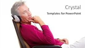  Presentation with office chair - Beautiful PPT theme featuring relaxed senior man sitting on office chair and listening to music with headphones backdrop and a white colored foreground