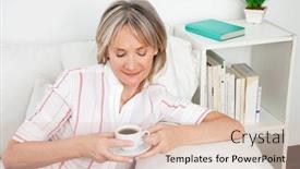  Presentation with senior living - Cool new presentation theme with relaxed senior woman drinking coffee at home in living room backdrop and a lemonade colored foreground
