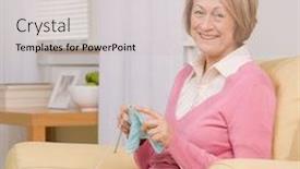  Presentation with knitting - Theme enhanced with relaxed senior woman knitting on sofa at home background and a soft green colored foreground