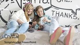  Presentation with listening - Presentation having relaxed sisters listening to music at home background and a coral colored foreground