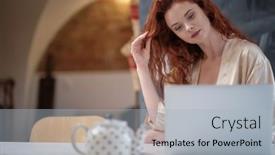  Presentation with laptop - Colorful slide set enhanced with relaxed-woman-working-from-home backdrop and a light gray colored foreground