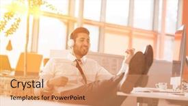  Presentation with morning sunrise - Slides having relaxed young businessman first at workplace at early morning listening music on headphones at modern startup office sunrise sun flare in background background and a coral colored foreground