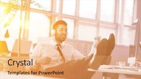  Presentation with morning sunrise - Theme enhanced with relaxed young businessman first at workplace at early morning listening music on headphones at modern startup office sunrise sun flare in background background and a coral colored foreground