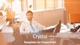  Presentation with morning sunrise - Cool new slide deck with relaxed young businessman first at workplace at early morning listening music on headphones at modern startup office sunrise sun flare in background backdrop and a coral colored foreground