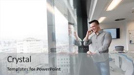 Presentation with phone meeting - Theme consisting of relaxed young businessman speaking on smart phone at modern startup business office meeting room with big window and city in backgronud background and a light gray colored foreground