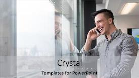  Presentation with phone meeting - Colorful presentation theme enhanced with relaxed young businessman speaking on smart phone at modern startup business office meeting room with big window and city in backgronud backdrop and a light gray colored foreground