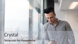  Presentation with phone meeting - Slides enhanced with relaxed young businessman using smart phone at modern startup business office meeting room with big window and city in backgronud background and a light gray colored foreground