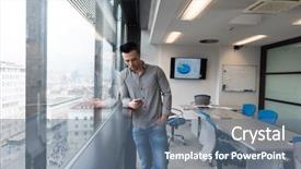  Presentation with phone meeting - Slide deck consisting of relaxed young businessman using smart background and a ocean colored foreground