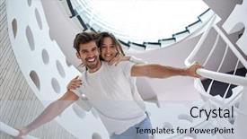  Presentation with villa - Colorful presentation enhanced with relaxed young couple on spiral glass stairs in modern home villa indoors backdrop and a light blue colored foreground