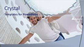  Presentation with villa - Presentation theme having relaxed young couple on spiral glass stairs in modern home villa indoors background and a sky blue colored foreground